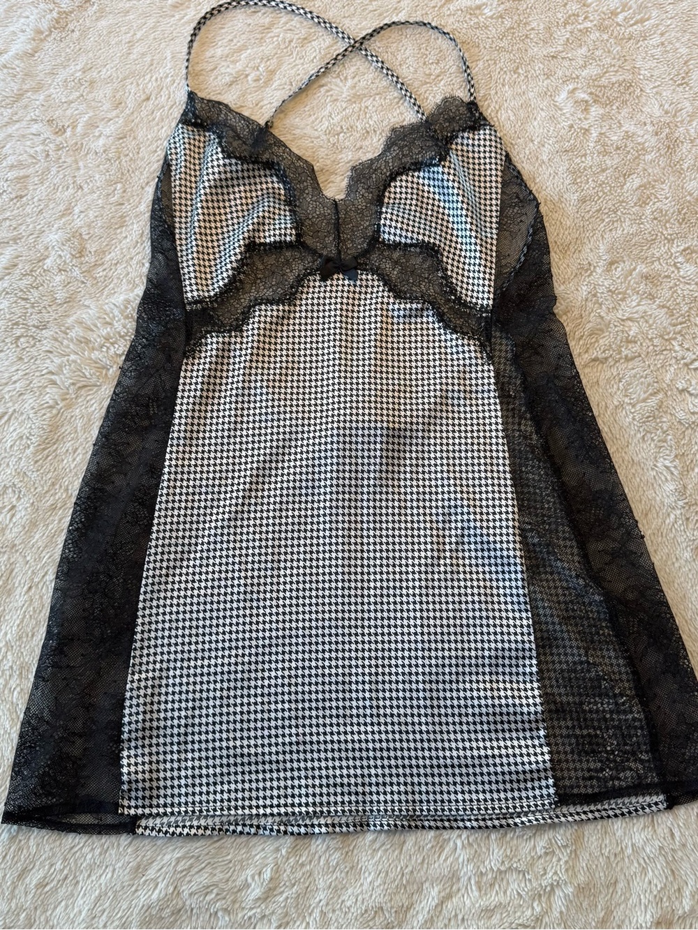Victorias Secret Houndstooth Black White Lace Short Chemise Lingerie S Babydoll